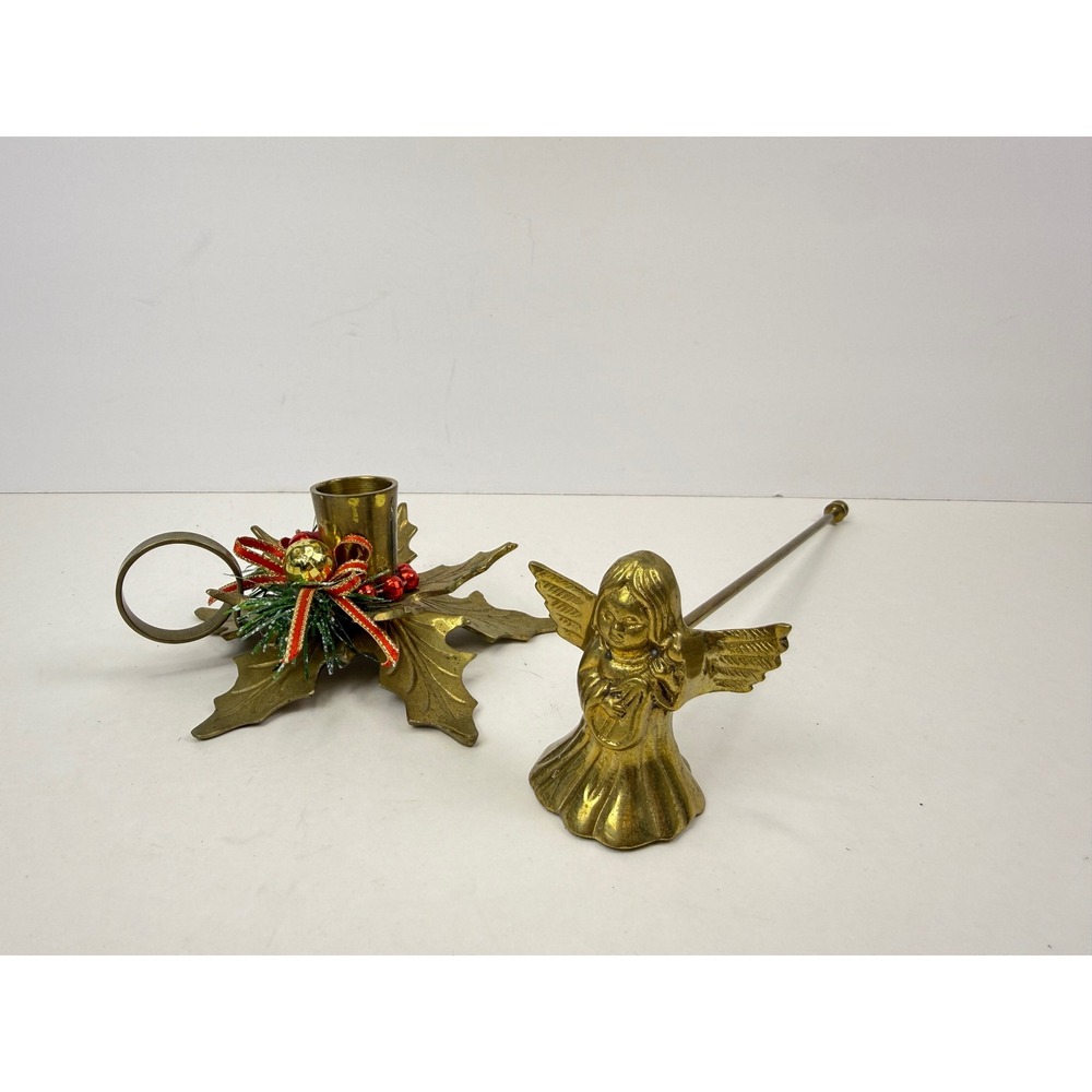 Vintage Brass Holly Leaf Candle Holder and Angel Candle Snuffer Set  Christmas
